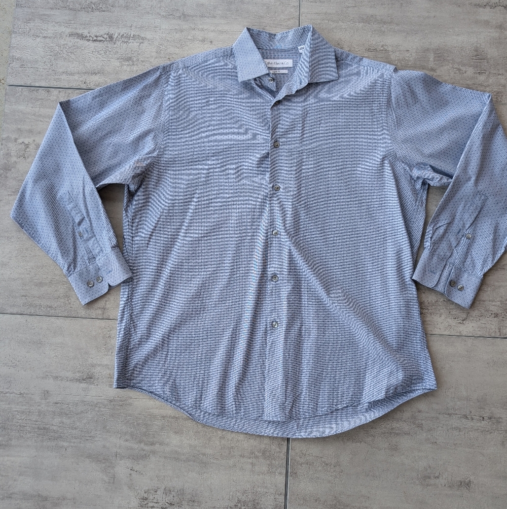 Calvin Klein Men's Blue Regular Fit Long Sleeve Button Down Dress Shirt Large